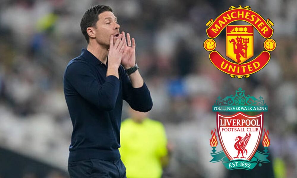 Xabi Alonso with overlay of Liverpool and Man United logos