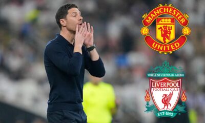 Xabi Alonso with overlay of Liverpool and Man United logos