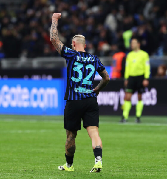 MILAN, ITALY - JANUARY 11: Federico Dimarco of FC Internazionale Milano celebrates scoring his team