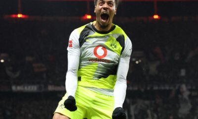 Felix Nmecha celebrates a goal for Borussia Dortmund