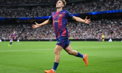 Fermin Lopez celebrates scoring for Barcelona against Real Madrid