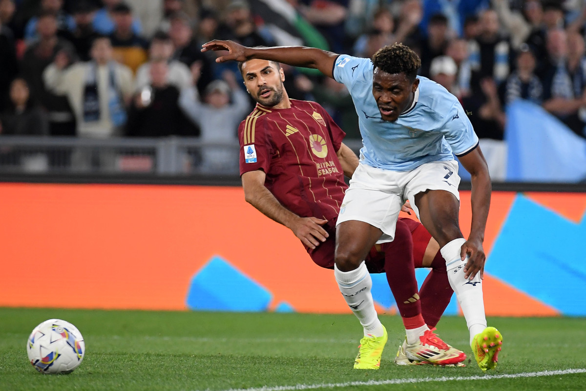 ROME, ITALY - APRIL 13: Fisayo Dele-Bashiru of SS Lazio in action during the Serie A match between Lazio and Roma at Stadio Olimpico on April 13, 2025 in Rome, Italy. (Photo by Marco Rosi - SS Lazio/Getty Images)