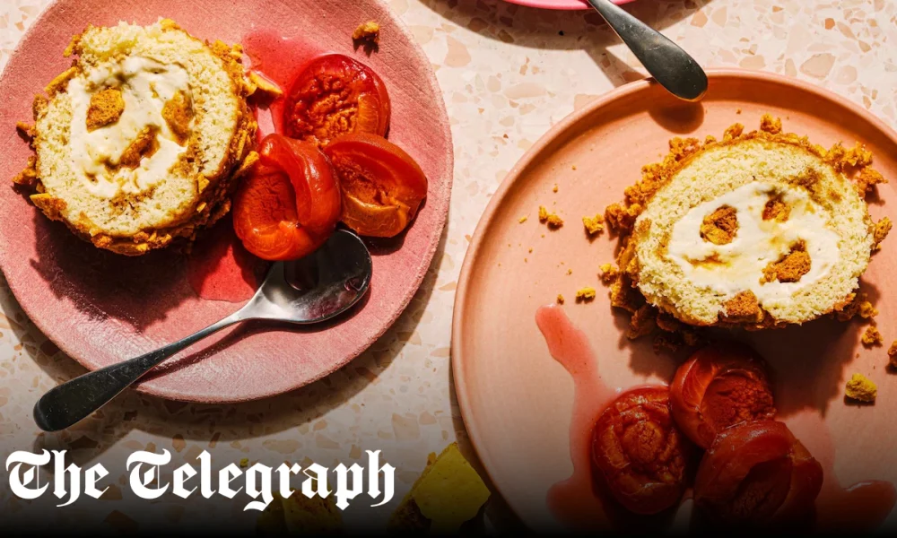 Toffee honeycomb ice-cream roll with roast apricots
