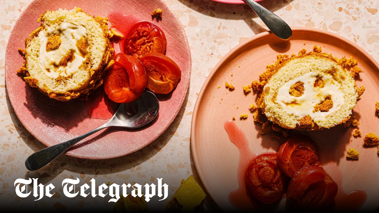 Toffee honeycomb ice-cream roll with roast apricots