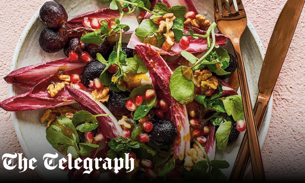 Pomegranate-roast grape, bitter leaf and walnut salad
