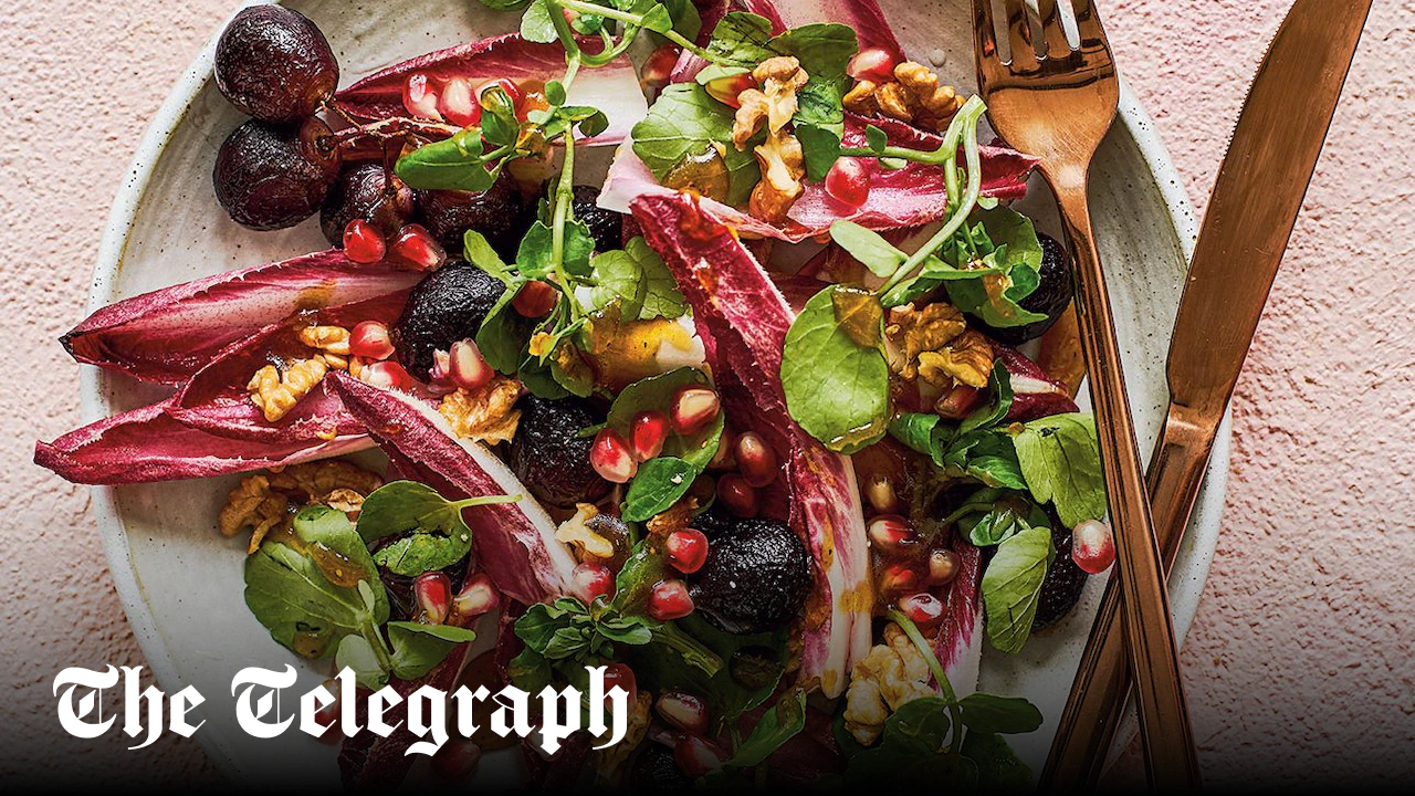 Pomegranate-roast grape, bitter leaf and walnut salad