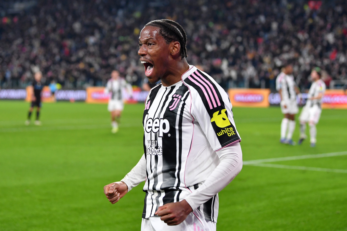 TURIN, ITALY - JANUARY 25: Jonathan David of Juventus celebrates scoring his team's first goal during the Serie A match between Juventus FC and SSC Napoli at Juventus Stadium on January 25, 2026 in Turin, Italy. (Photo by Valerio Pennicino/Getty Images)