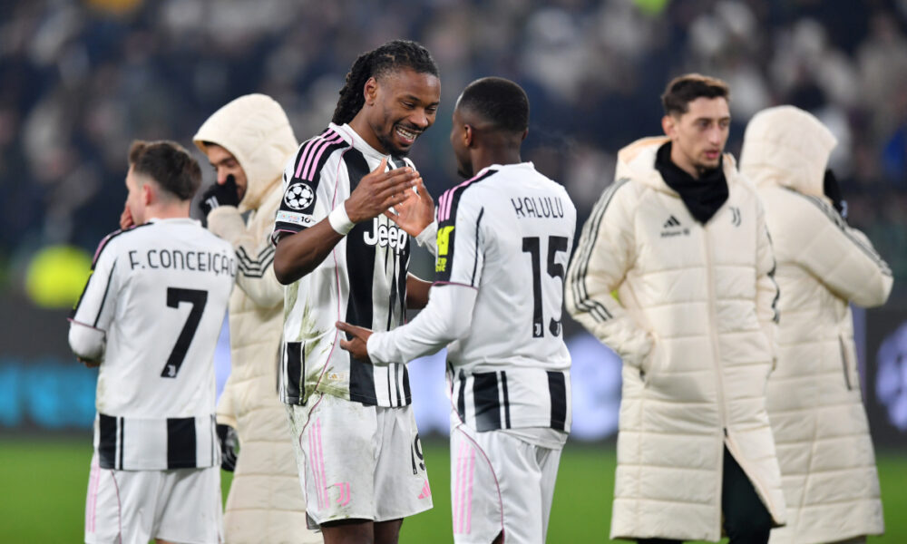 TURIN, ITALY - JANUARY 21: Khephren Thuram of Juventus greets teammate Pierre Kalulu following the UEFA Champions League 2025/26 League Phase MD7 match between Juventus and SL Benfica at Juventus Stadium on January 21, 2026 in Turin, Italy. (Photo by Valerio Pennicino/Getty Images)