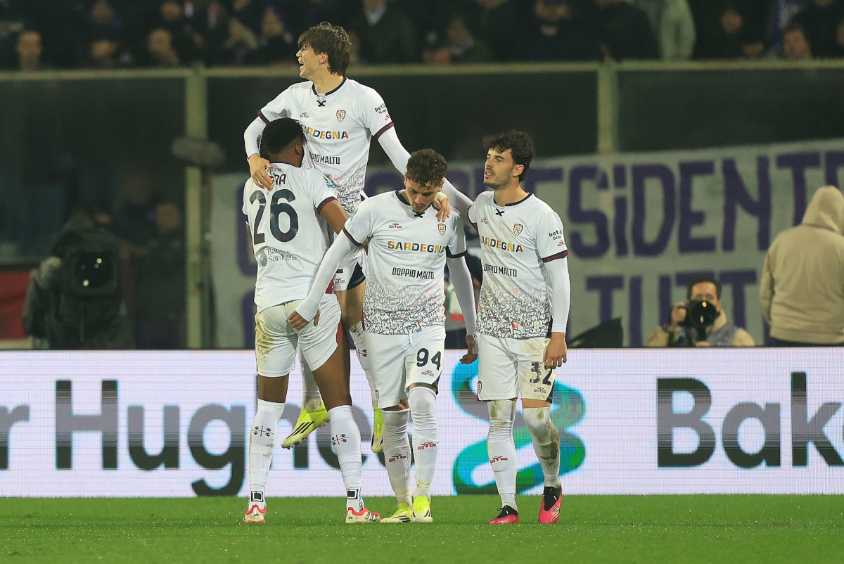 FLORENCE, ITALY - JANUARY 24: Marco Palestra of Cagliari Calcio celebrates after scoring a goal during the Serie A match between ACF Fiorentina and Cagliari Calcio at Artemio Franchi on January 24, 2026 in Florence, Italy. (Photo by Gabriele Maltinti/Getty Images)