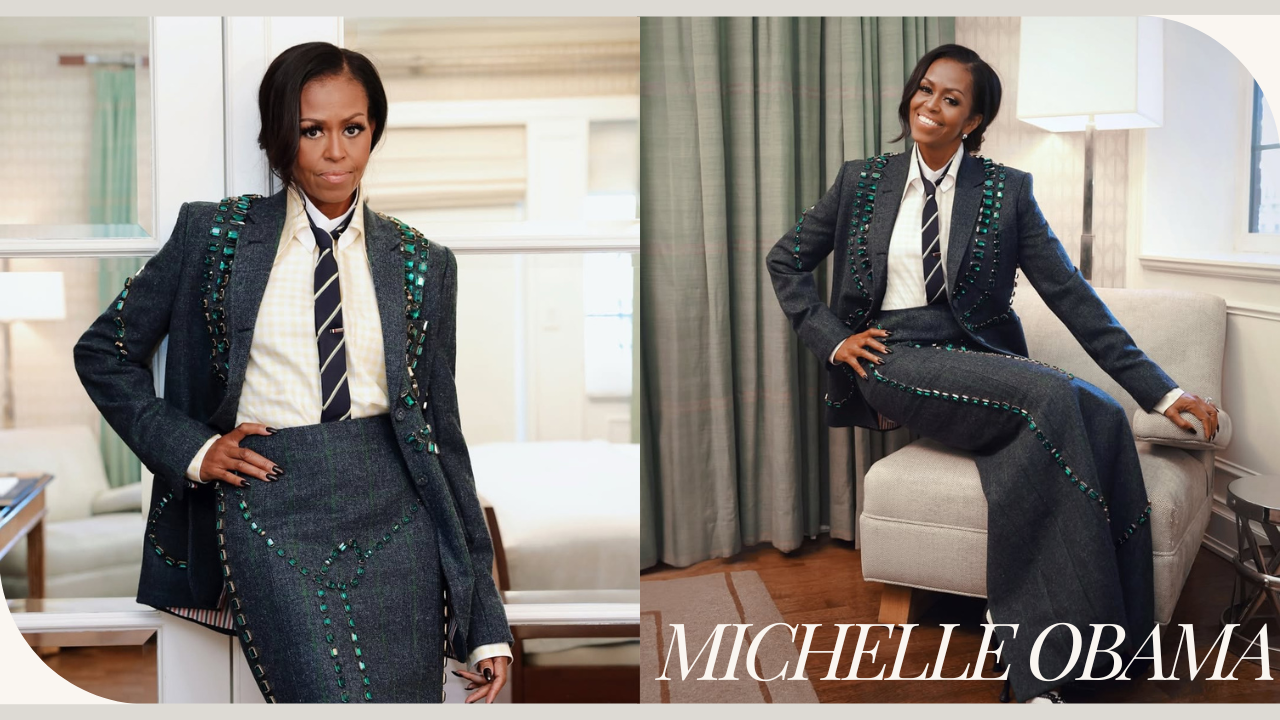 Michelle Obama Looks Fierce in a Navy Plaid Thom Browne Embellished Suit