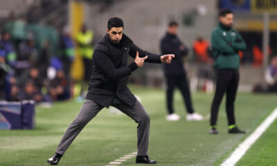 MILAN, ITALY - JANUARY 20: Mikel Arteta, Manager of Arsenal, gestures during the UEFA Champions League 2025/26 League Phase MD7 match between FC Internazionale Milano and Arsenal FC at Stadio San Siro on January 20, 2026 in Milan, Italy. (Photo by Carl Recine/Getty Images)