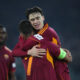 ROME, ITALY - JANUARY 22: Niccolo Pisilli with his teammates of AS Roma celebrates after scoring the opening goal during the UEFA Europa League 2025/26 League Phase MD7 match between AS Roma and VfB Stuttgart at Stadio Olimpico on January 22, 2026 in Rome, Italy. (Photo by Paolo Bruno/Getty Images)