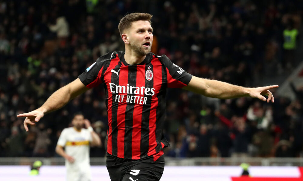 MILAN, ITALY - JANUARY 18: Niclas Fullkrug of AC Milan celebrates scoring his team's first goal during the Serie A match between AC Milan and US Lecce at Giuseppe Meazza Stadium on January 18, 2026 in Milan, Italy. (Photo by Marco Luzzani/Getty Images)
