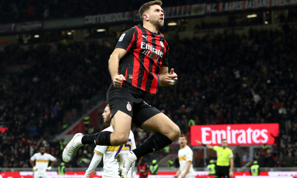 MILAN, ITALY - JANUARY 18: Niclas Fullkrug of AC Milan celebrates scoring his team's first goal during the Serie A match between AC Milan and US Lecce at Giuseppe Meazza Stadium on January 18, 2026 in Milan, Italy. (Photo by Marco Luzzani/Getty Images)