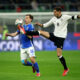 MILAN, ITALY - MARCH 20: Nicolo Barella of Italy battles for possession with Leon Goretzka of Germany during the UEFA Nations League quarterfinal leg one match between Italy and Germany at Stadio San Siro on March 20, 2025 in Milan, Italy. (Photo by Alex Grimm/Getty Images)
