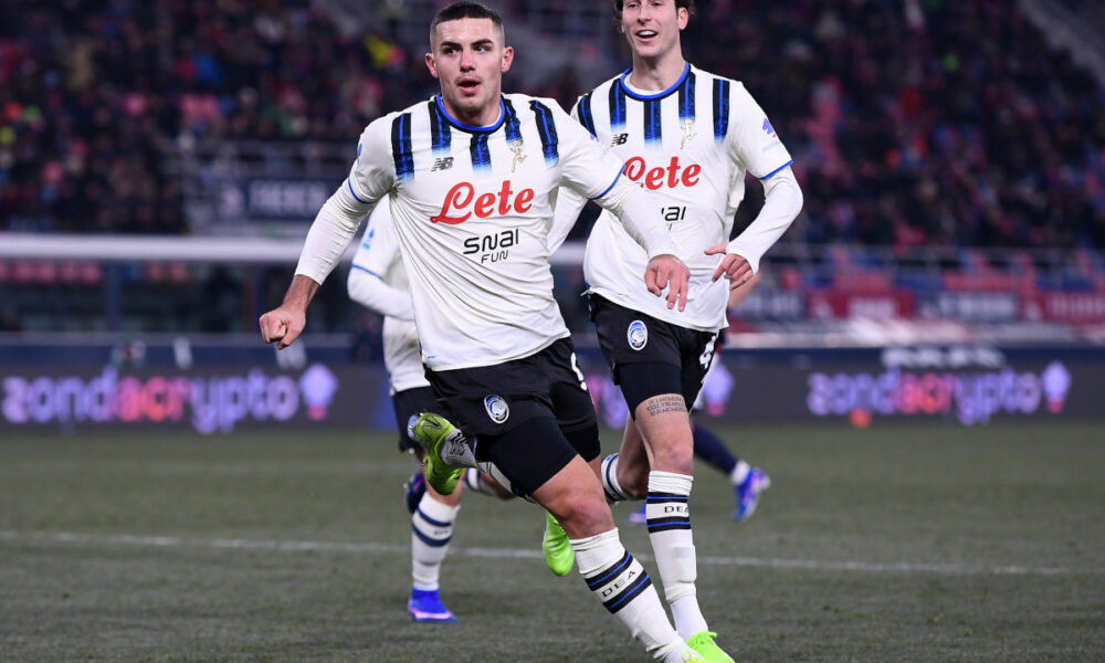 BOLOGNA, ITALY - JANUARY 07: Nikola Krstovic of Atalanta celebrates scoring his team