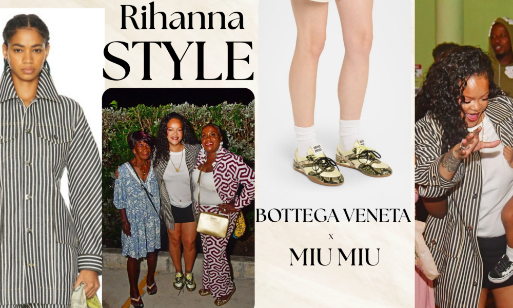 Rihanna Poses with Her Aunt, Grandmother, and Sons in Barbados Wearing a $3,900 Bottega Veneta Jacket and $1,350 Miu Miu Sneakers