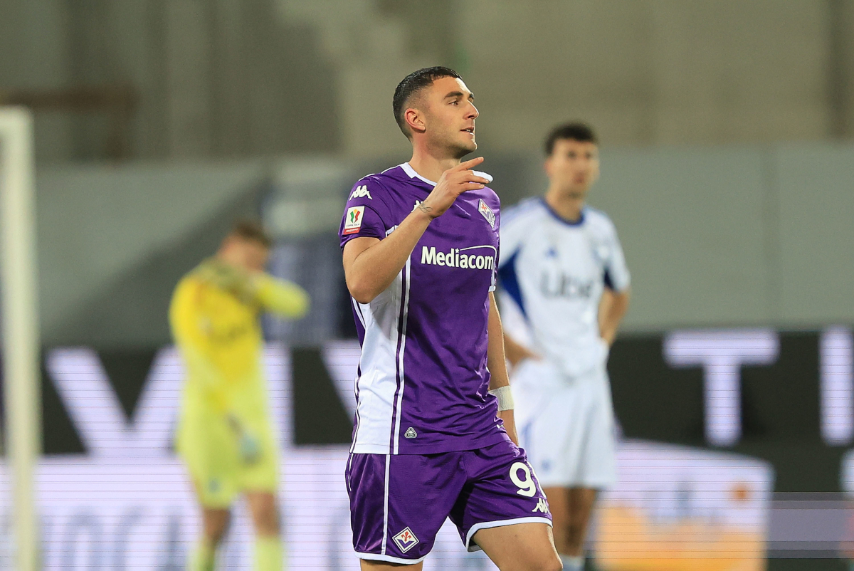 FLORENCE, ITALY - JANUARY 27: Roberto Piccoli of ACF Fiorentina celebrates after scoring a goal during of the Coppa Italia match between of ACF Fiorentina and of Como 1907 at Stadio Artemio Franchi on January 27, 2026 in Florence, Italy. (Photo by Gabriele Maltinti/Getty Images)