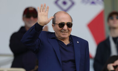FLORENCE, ITALY - MARCH 30: Rocco Commisso president of ACF Fiorentina reacts during the Serie A match between Fiorentina and Atalanta at Stadio Artemio Franchi on March 30, 2025 in Florence, Italy. (Photo by Gabriele Maltinti/Getty Images)