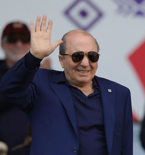 FLORENCE, ITALY - MARCH 30: Rocco Commisso president of ACF Fiorentina reacts during the Serie A match between Fiorentina and Atalanta at Stadio Artemio Franchi on March 30, 2025 in Florence, Italy. (Photo by Gabriele Maltinti/Getty Images)
