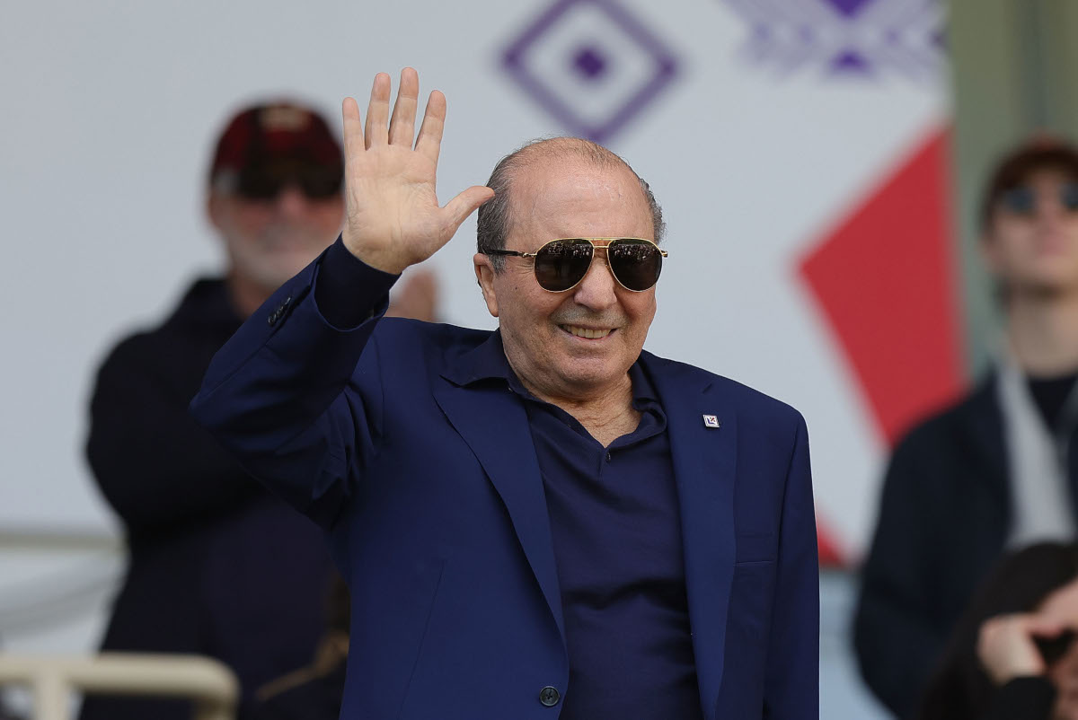 FLORENCE, ITALY - MARCH 30: Rocco Commisso president of ACF Fiorentina reacts during the Serie A match between Fiorentina and Atalanta at Stadio Artemio Franchi on March 30, 2025 in Florence, Italy. (Photo by Gabriele Maltinti/Getty Images)