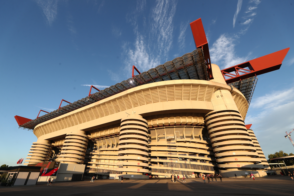 San Siro MILAN, ITALY - SEPTEMBER 14: Outside view of the stadium prior to the Serie A match between AC Milan and Bologna FC 1909 at Giuseppe Meazza Stadium on September 14, 2025 in Milan, Italy. (Photo by Marco Luzzani/Getty Images)