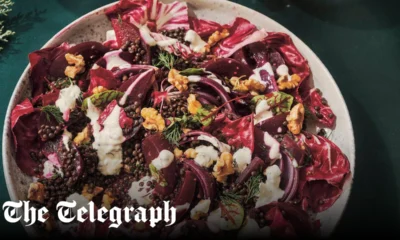 Beetroot, red onion and black lentils with dill-sour cream recipe