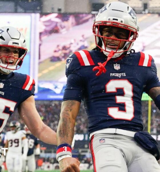New England Patriots wide receiver DeMario Douglas celebrates scoring a touchdown against the Houston Texans