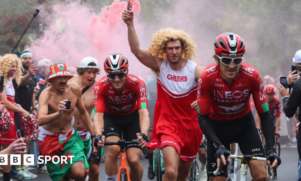 Geraint Thomas and other Ineos Grenadiers riders with fans on Caerphilly Mountain