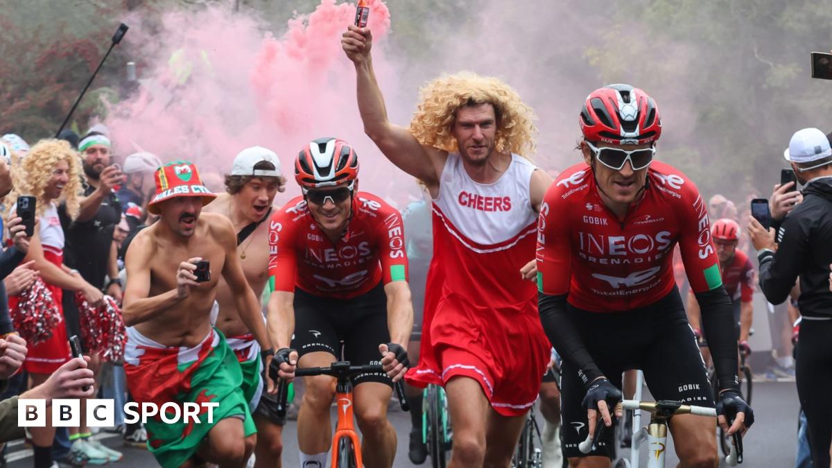 Geraint Thomas and other Ineos Grenadiers riders with fans on Caerphilly Mountain