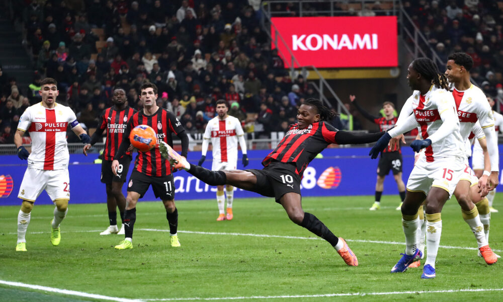 MILAN, ITALY - JANUARY 08: Rafael Leao of AC Milan stretches to shoot during the Serie A match between AC Milan and Genoa CFC at Giuseppe Meazza Stadium on January 08, 2026 in Milan, Italy. (Photo by Marco Luzzani/Getty Images)
