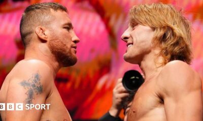 Justin Gaethje and Paddy Pimblett face off with the UFC belt in between them