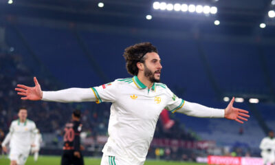 ROME, ITALY - JANUARY 13: Mario Hermoso of AS Roma celebrates after scoring the team's first goal during the Coppa Italia match between AS Roma and Torino FC at Olimpico Stadium on January 13, 2026 in Rome, Italy. (Photo by Paolo Bruno/Getty Images)