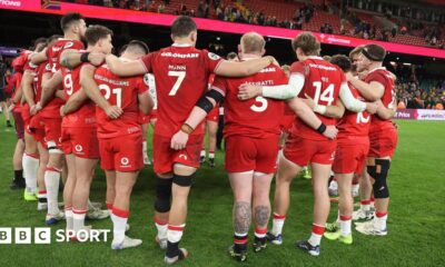 Wales rugby players in a huddle after the 73-0 home defeat against South Africa in November 2025
