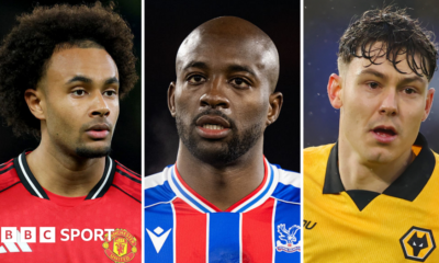 A split image of Joshua Zirkzee, Jean-Philippe Mateta and Jorgen Strand Larsen