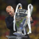 LONDON, ENGLAND - JUNE 01:Former Real Madrid and Juventus star Zinedine Zidane places the Champions League Trophy onto the plinth after the UEFA Champions League 2023/24 Final match between Borussia Dortmund and Real Madrid CF at Wembley Stadium on June 01, 2024 in London, England. (Photo by Lars Baron/Getty Images)