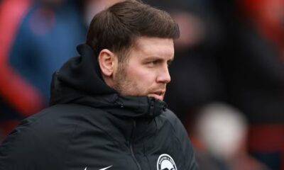 Brighton & Hove Albion manager Fabian Hurzeler looks on