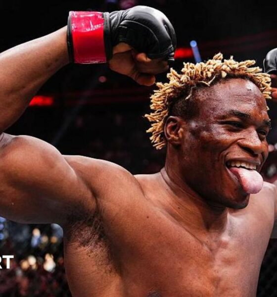 Ateba Gautier celebrates after a win in the UFC