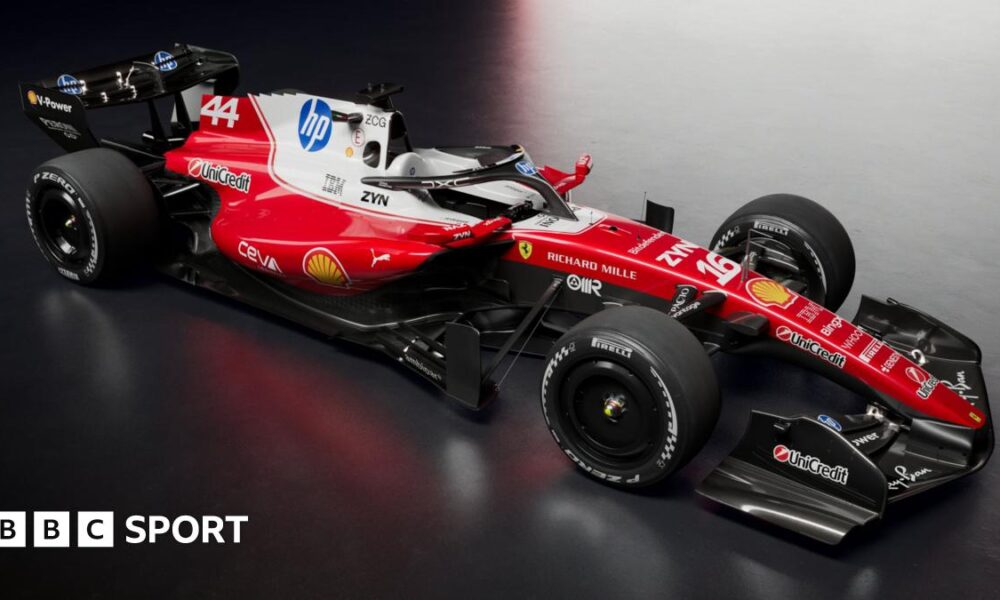 A graphic image showing the 2026 Ferrari Formula 1 car, from a side-on forward-facing angle