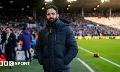 Manchester United head coach Ruben Amorim in a dark winter coat on the touchline before the 1-1 draw with Leeds