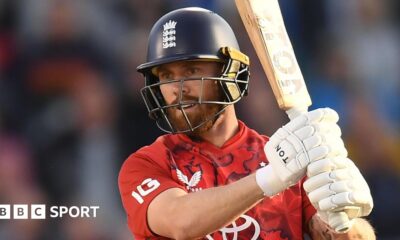 Phil Salt hits out for England during a T20 international against South Africa in September 2025