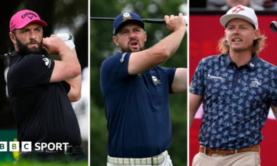 Jon Rahm, Bryson DeChambeau and Cam Smith in a three-way split picture. All three are looking down the fairway after tee shots
