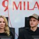 The wife of AC Milan forward Zlatan Ibrahimovic, Helena Seger (L) and their son son Maximilian Ibrahimovic looks on at the start of the Italian Serie A football match between AC Milan and Atalanta Bergamo at the San Siro stadium in Milan on May 15, 2022. (Photo by MIGUEL MEDINA / AFP) (Photo by MIGUEL MEDINA/AFP via Getty Images)
