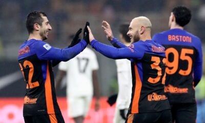 MILAN, ITALY - JANUARY 23: Henrikh Mkhitaryan of FC Internazionale Milano celebrates scoring his team's sixth goal with Federico Dimarco during the Serie A match between FC Internazionale and Pisa SC at Giuseppe Meazza Stadium on January 23, 2026 in Milan, Italy. (Photo by Marco Luzzani/Getty Images)