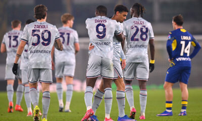 VERONA, ITALY - JANUARY 26: Arthur Atta of Udinese Calcio celebrates scoring his team's first goal with teammates during the Serie A match between Hellas Verona FC and Udinese Calcio at Stadio Marcantonio Bentegodi on January 26, 2026 in Verona, Italy. (Photo by Alessandro Sabattini/Getty Images)