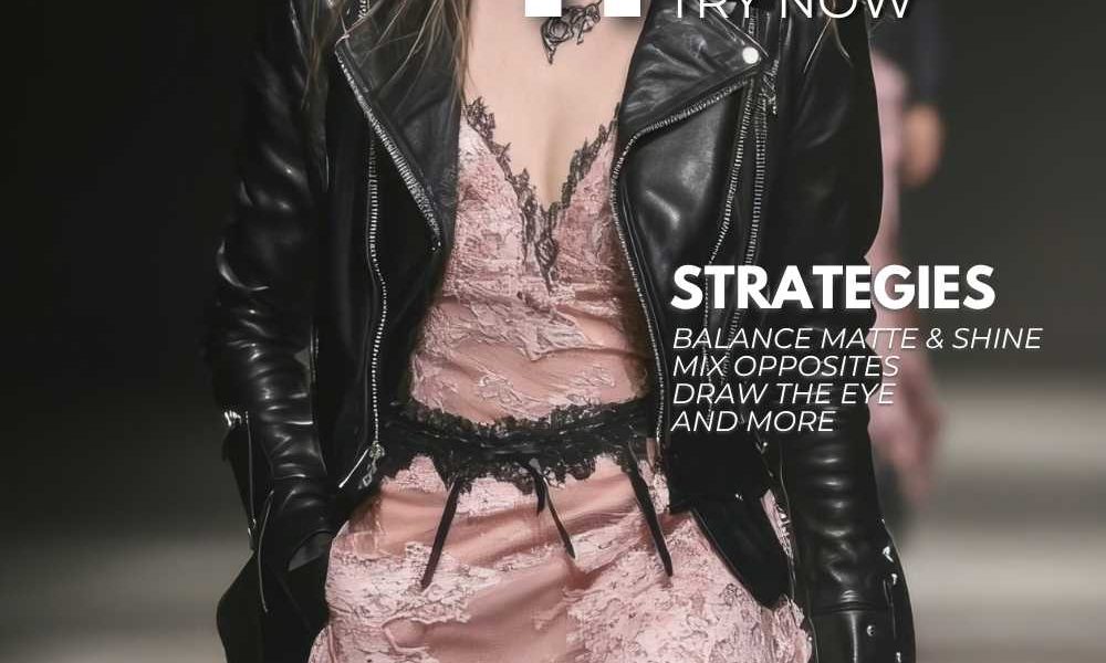 Model wears layered texture outfit with lace and leather