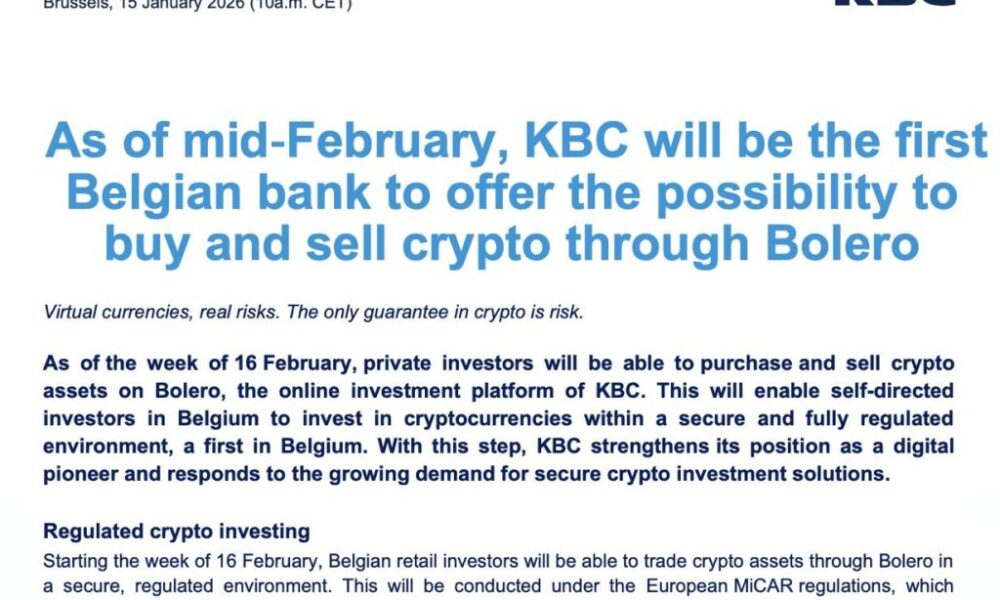 Belgium’s KBC Bank Makes History With First-Ever Bitcoin and Ether Trading Under MiCA