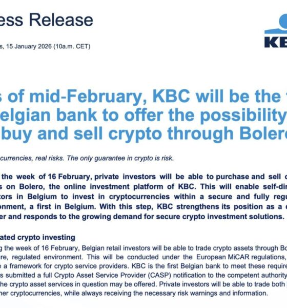 Belgium’s KBC Bank Makes History With First-Ever Bitcoin and Ether Trading Under MiCA