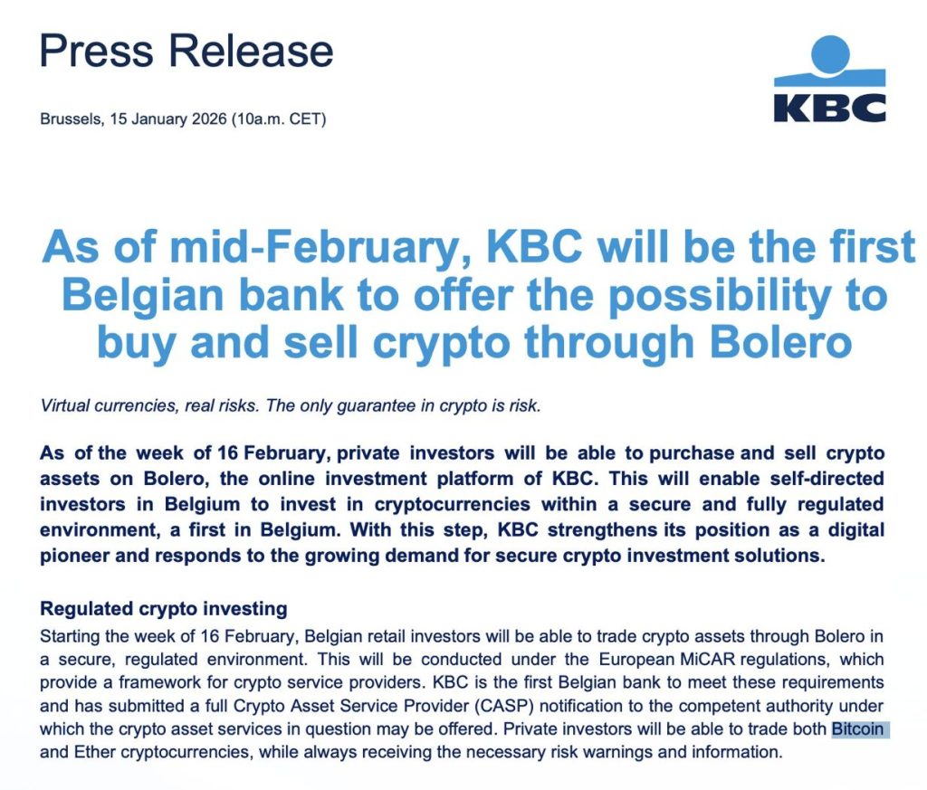 Belgium’s KBC Bank Makes History With First-Ever Bitcoin and Ether Trading Under MiCA