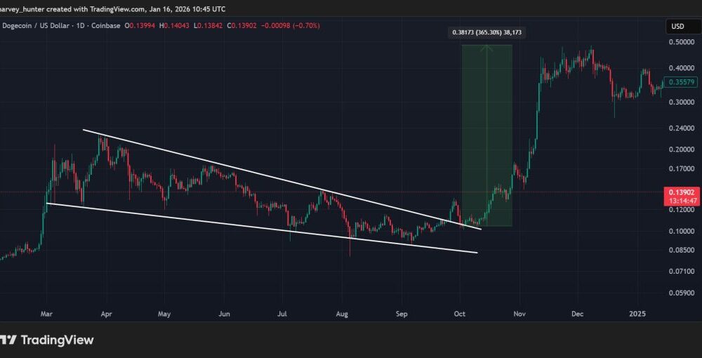 DOGE / USDT 1-day chart, 2021 falling wedge breakout. Source: TradingView.
